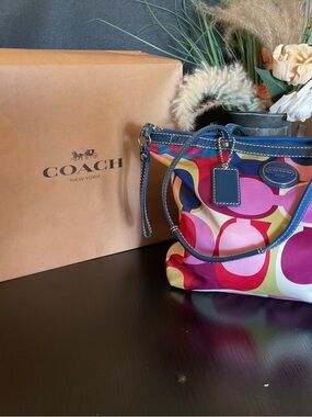 Coach Multicolor Signature Canvas Shoulder Bag with Blue Trim